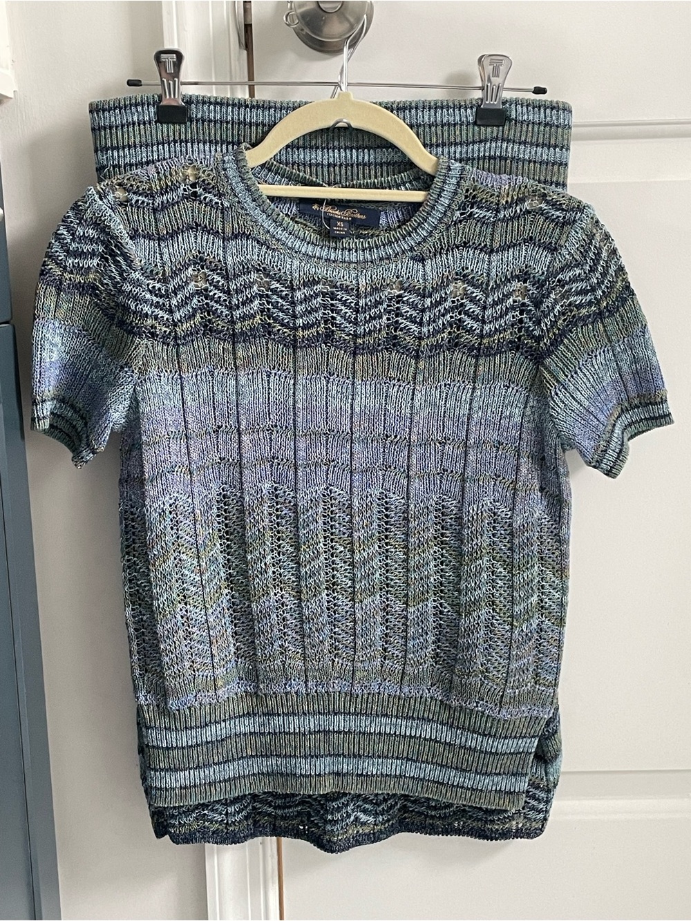 Brooks Brothers Multicolor Blue-Green Short-Sleeve Knit Sweater and Skirt set